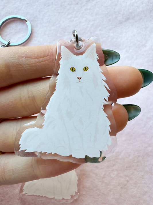 Turkish Angora, Fluffy White Cat Keychain