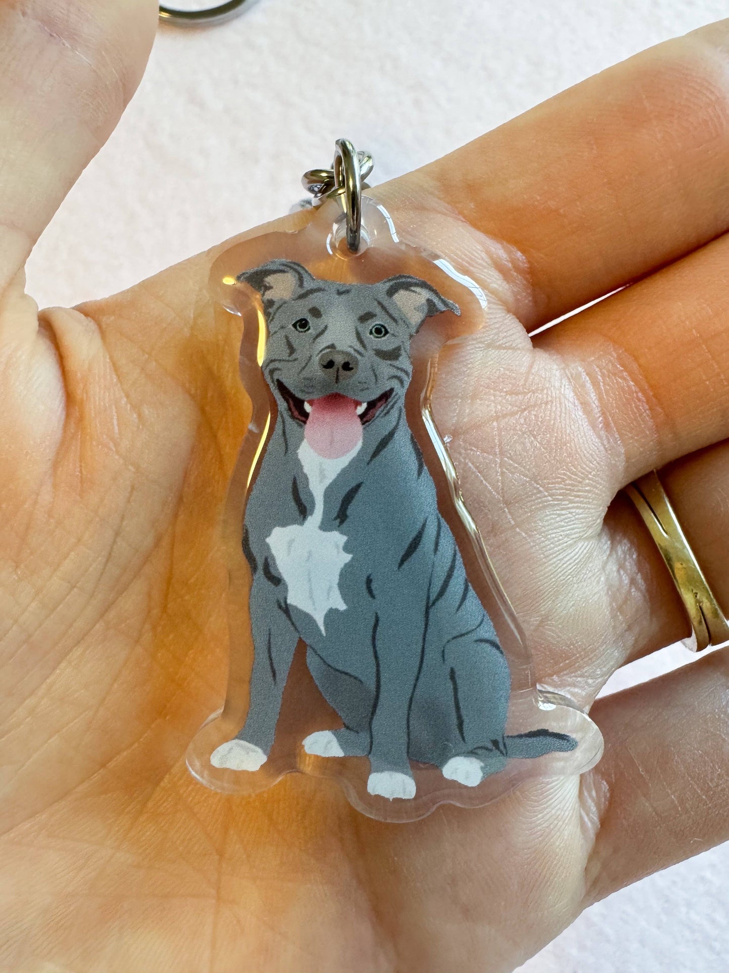 Pit Bull, Staffy (gray) Keychain